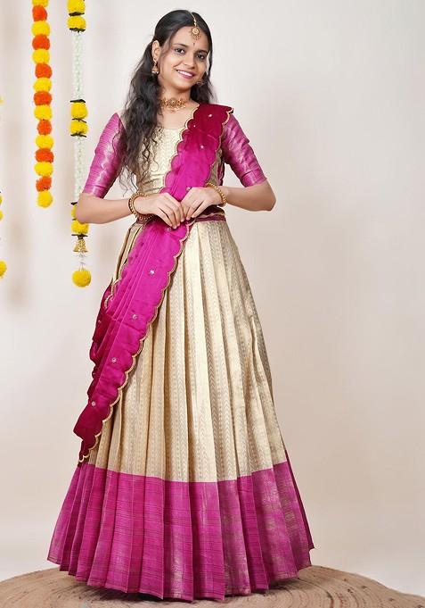 Pink Woven Design Blended Lehenga Choli — view on Indya