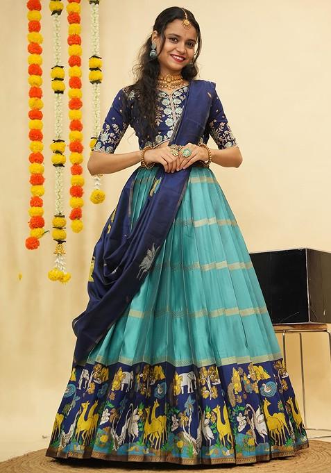 Sea Green Emboridered Blended Lehenga Choli — view on Indya