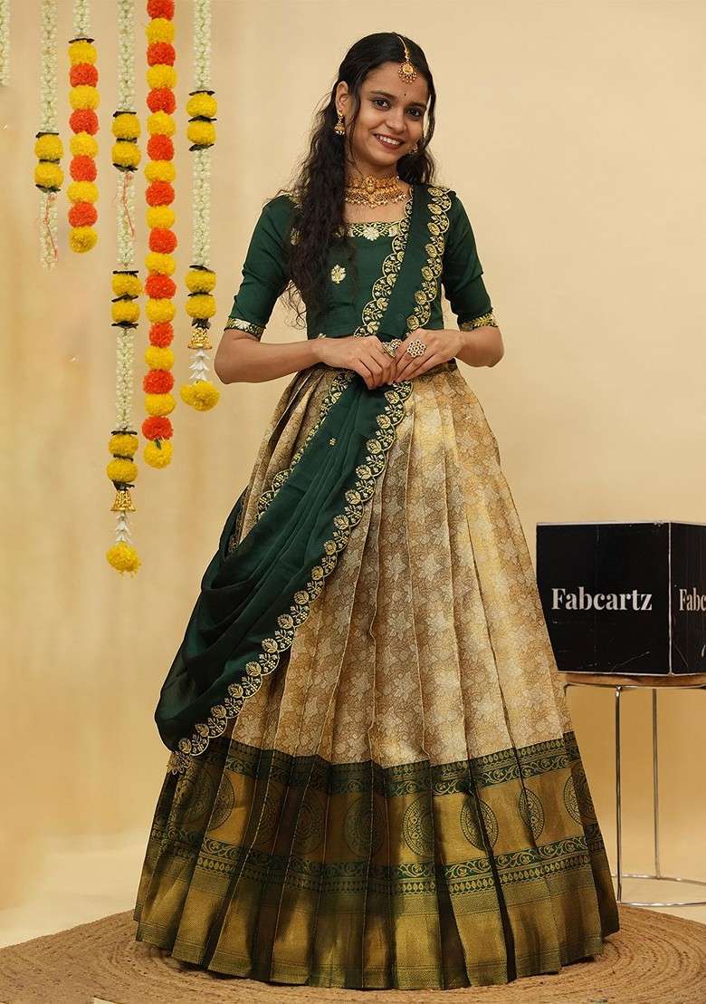 Green Emboridered Blended Lehenga Choli - Indya