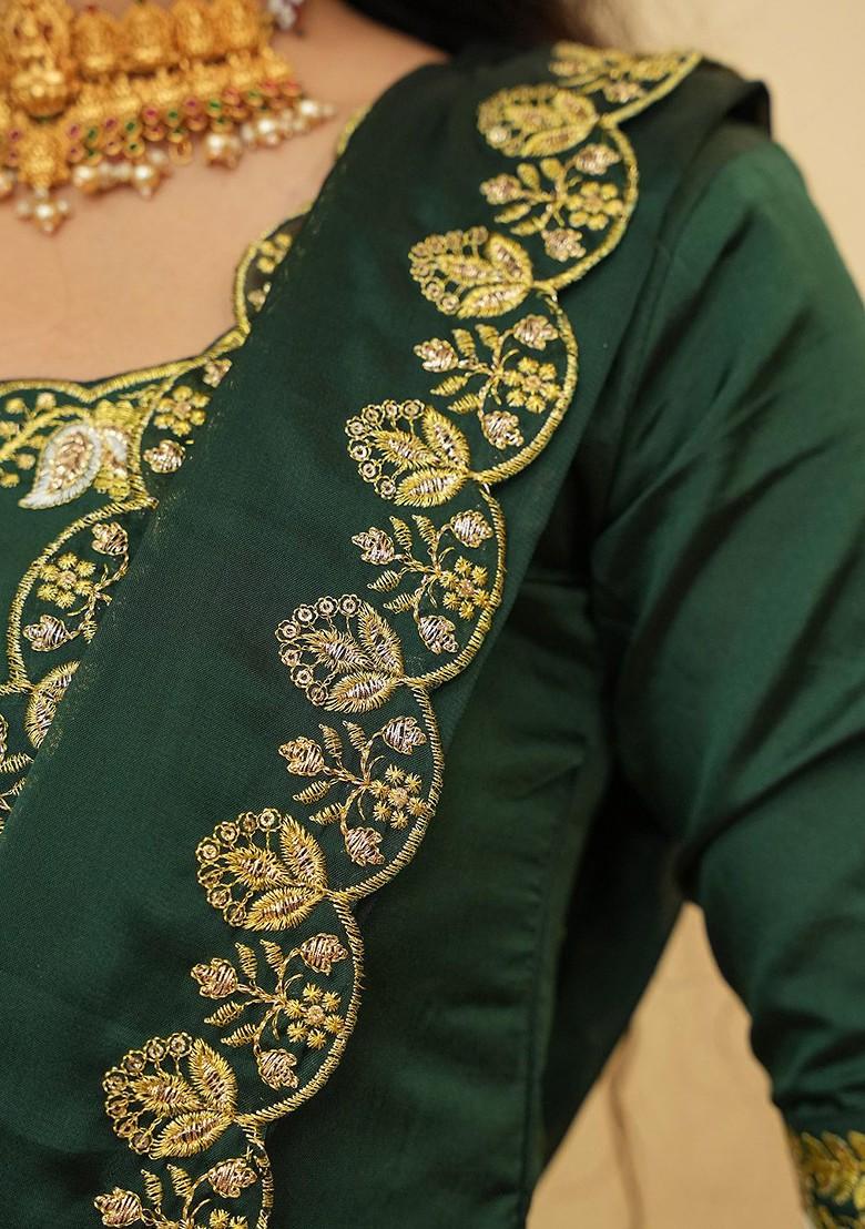Green Emboridered Blended Lehenga Choli - Indya