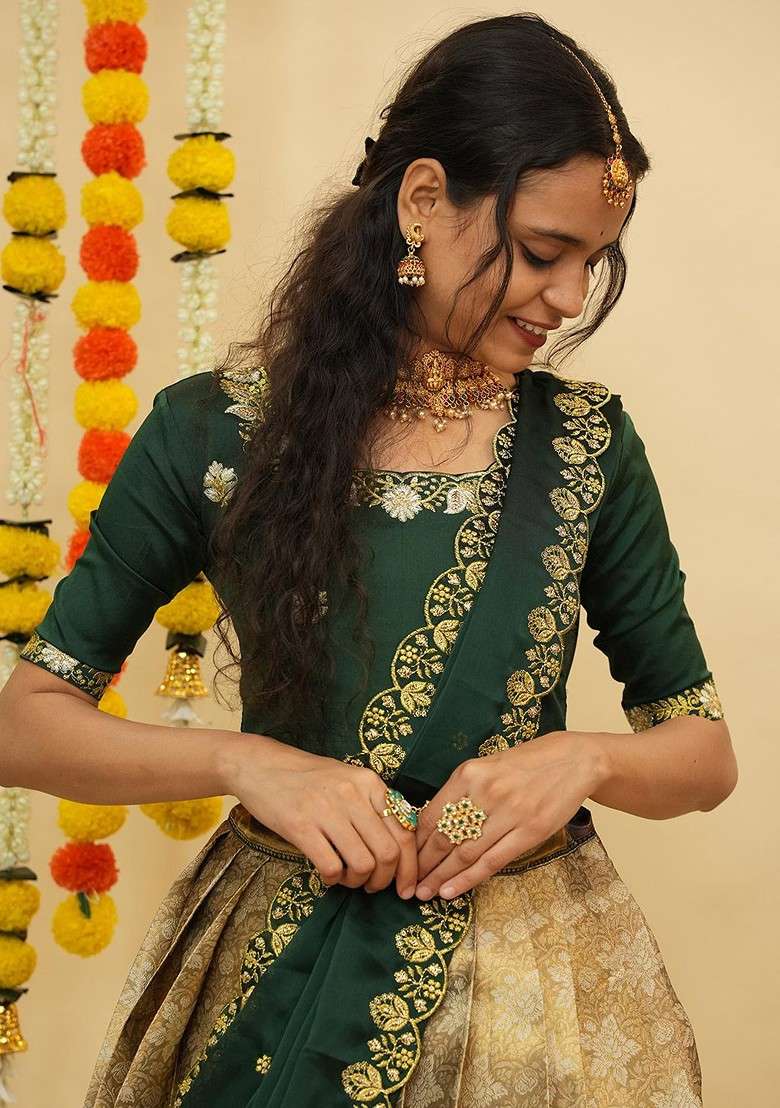 Green Emboridered Blended Lehenga Choli - Indya
