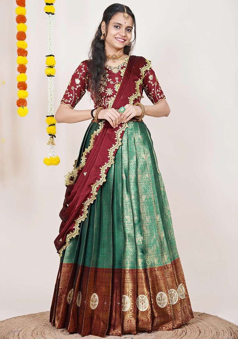 Green Woven Design Blended Lehenga Choli - Indya