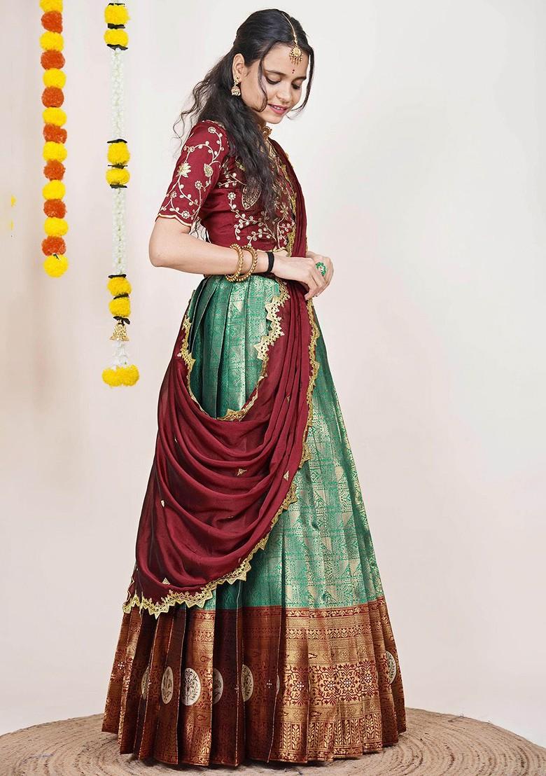 Green Woven Design Blended Lehenga Choli - Indya