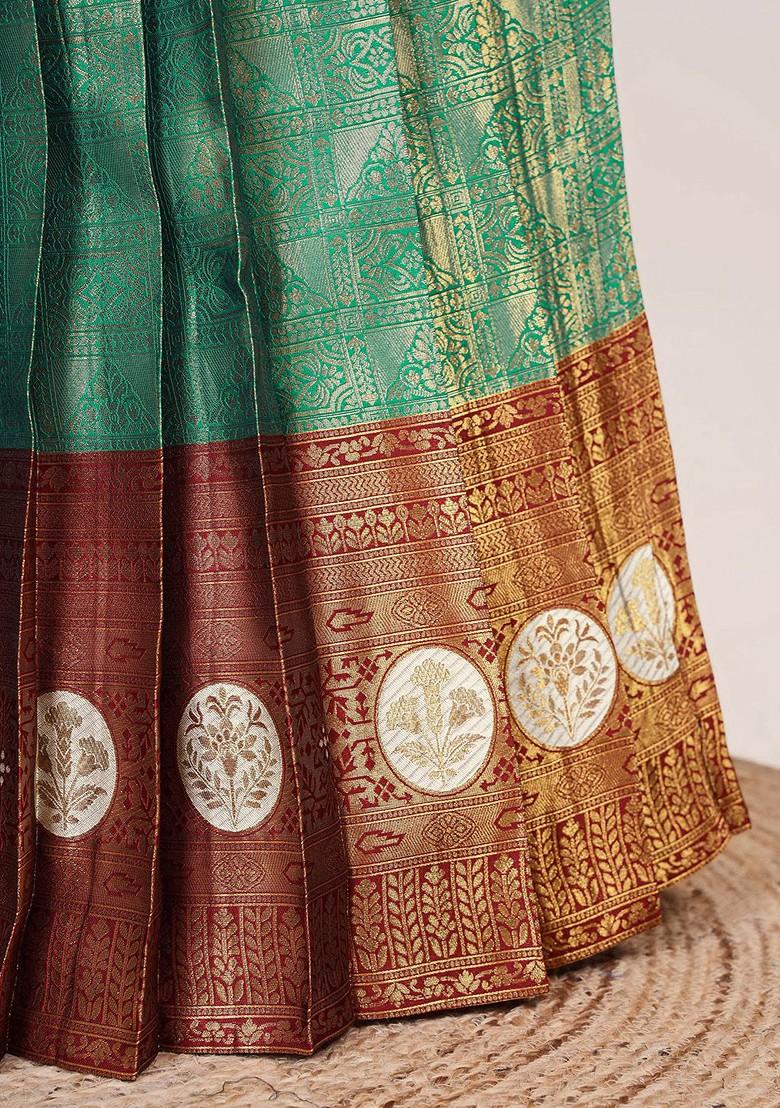 Green Woven Design Blended Lehenga Choli - Indya
