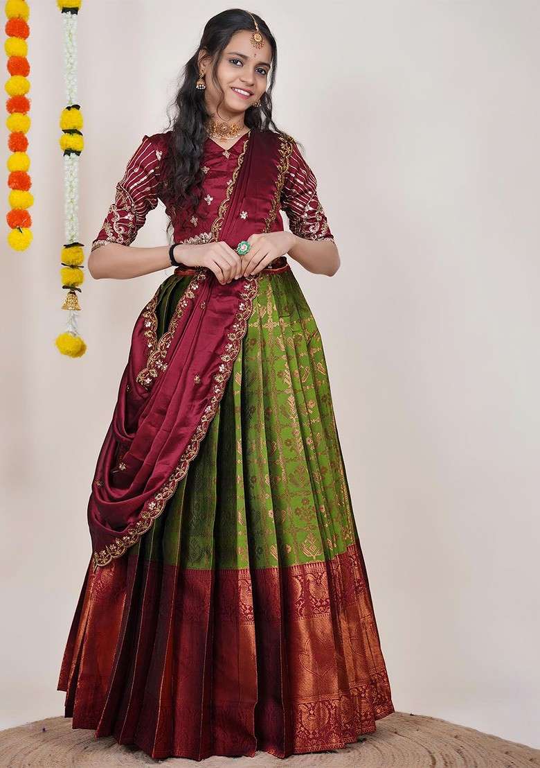 Green Woven Design Blended Lehenga Choli - Indya