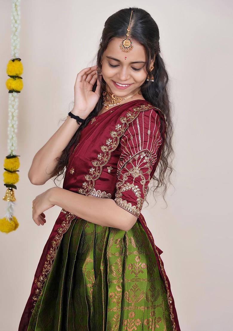Green Woven Design Blended Lehenga Choli - Indya