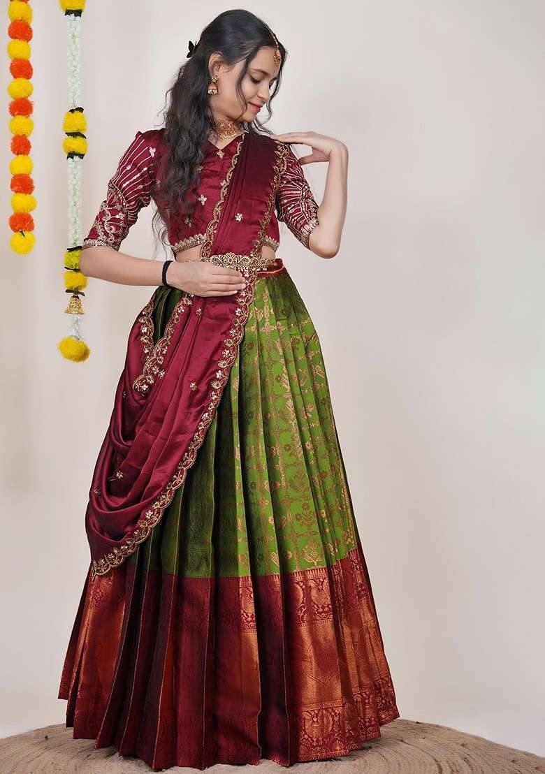 Green Woven Design Blended Lehenga Choli - Indya