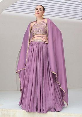Purple Emboridered Blended Lehenga Choli