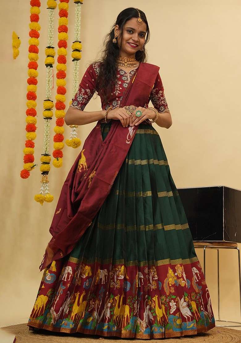 Green Emboridered Blended Lehenga Choli - Indya