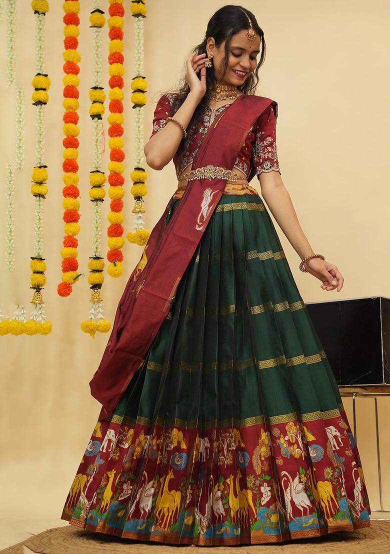Green Emboridered Blended Lehenga Choli - Indya