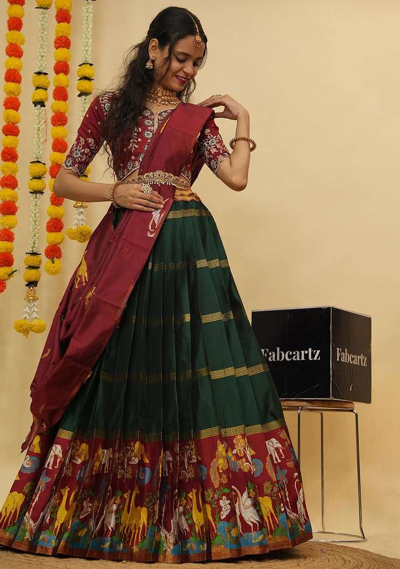 Green Emboridered Blended Lehenga Choli - Indya