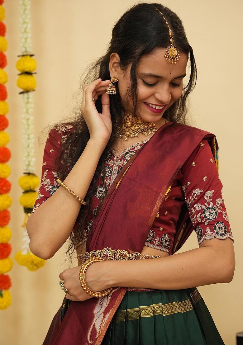 Green Emboridered Blended Lehenga Choli - Indya