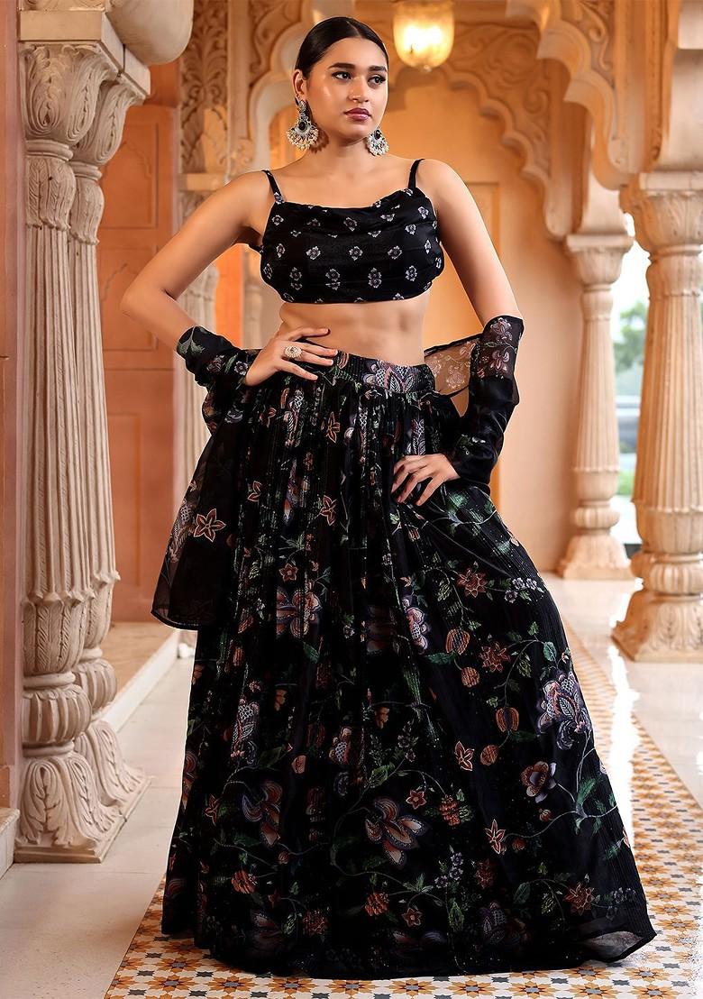 Black Printed Blended Lehenga Choli - Indya