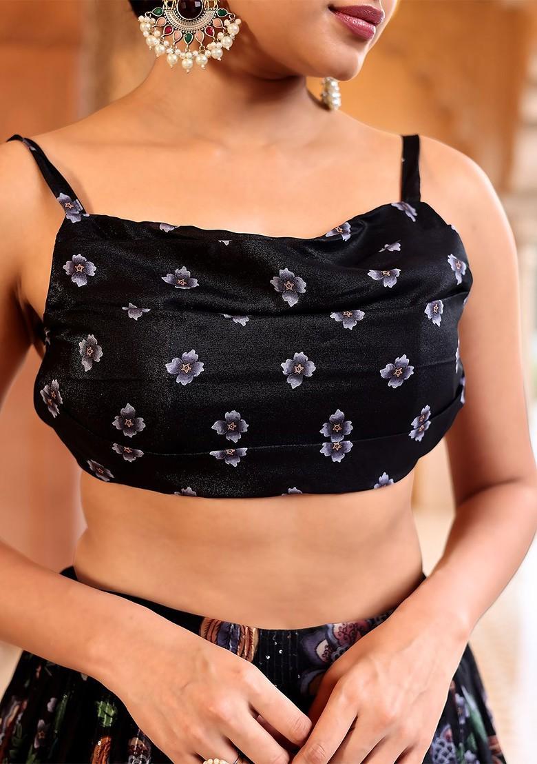 Black Printed Blended Lehenga Choli - Indya