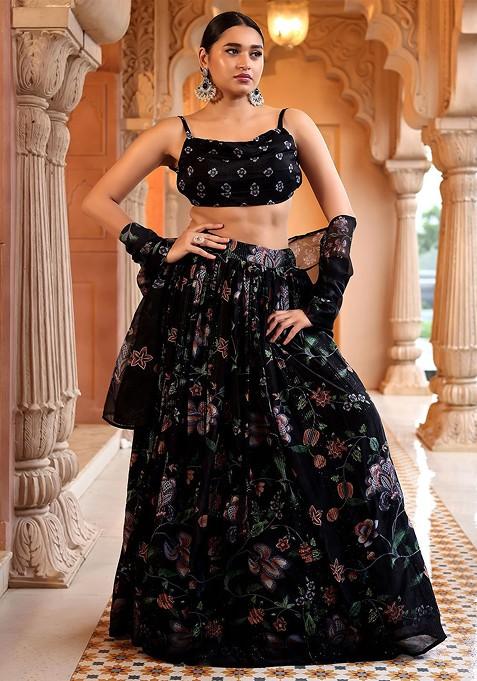 Black Printed Blended Lehenga Choli — view on Indya