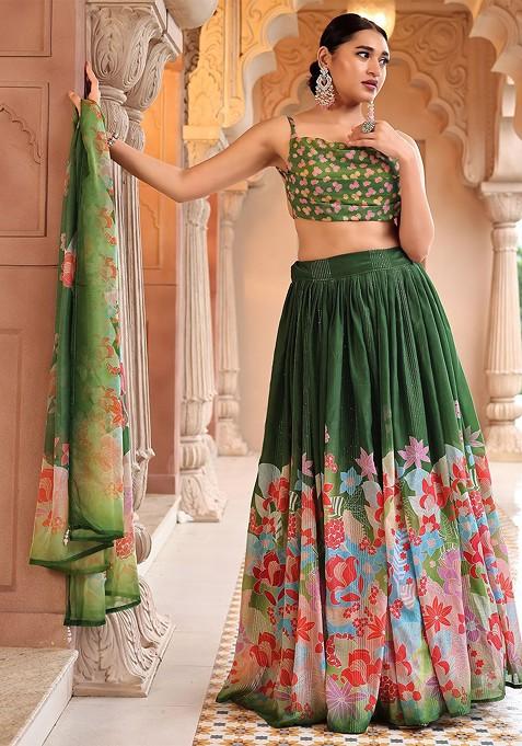 Green Printed Blended Lehenga Choli — view on Indya