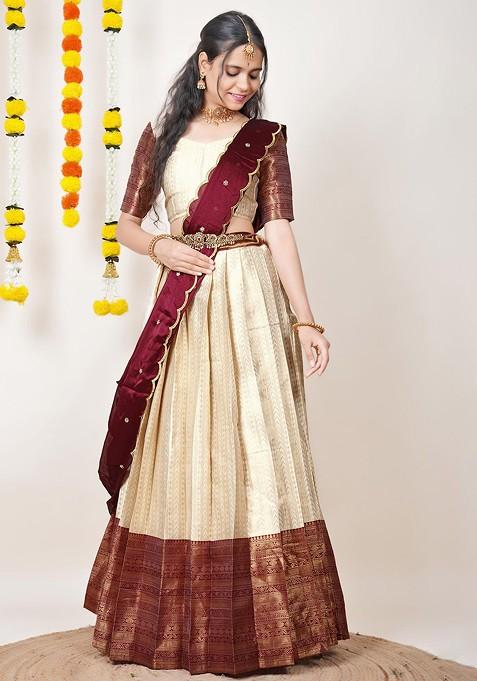 Maroon Woven Design Blended Lehenga Choli — view on Indya