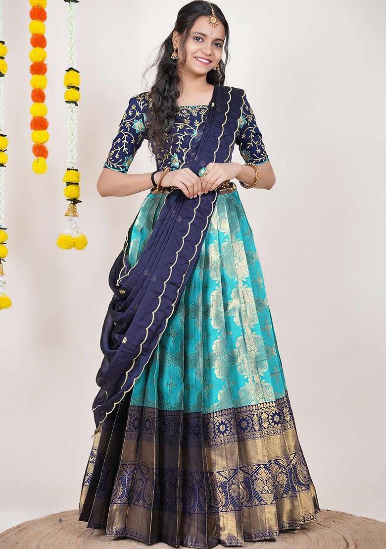 Blue Woven Design Blended Lehenga Choli - Indya