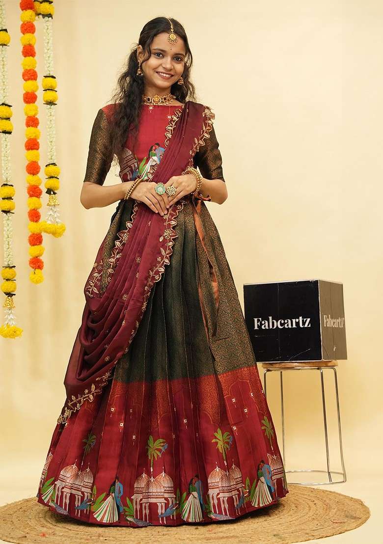 Green Emboridered Blended Lehenga Choli - Indya
