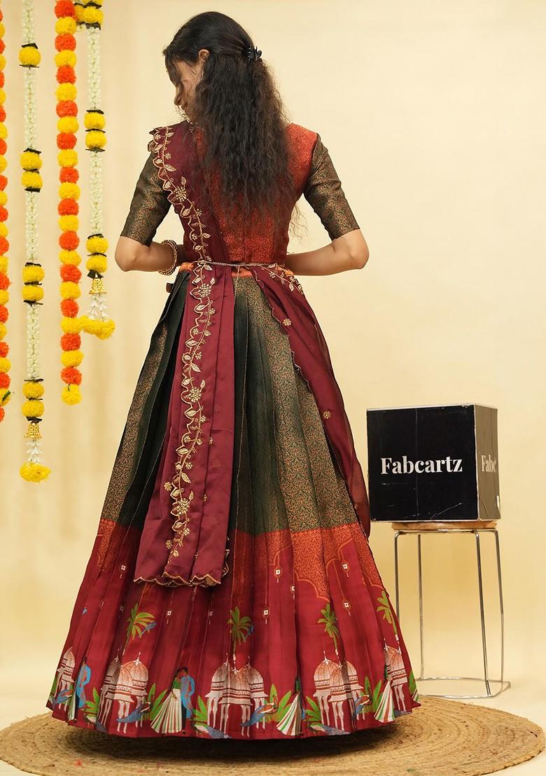 Green Emboridered Blended Lehenga Choli - Indya