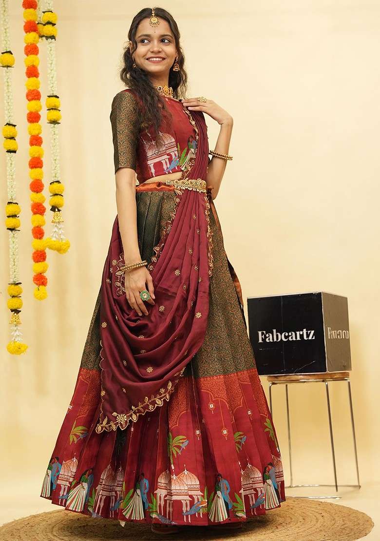 Green Emboridered Blended Lehenga Choli - Indya