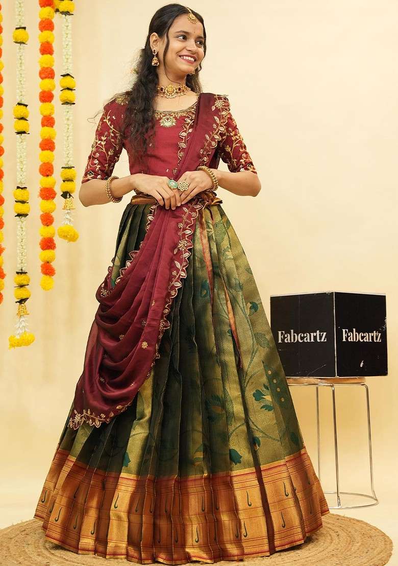 Green Embellished Blended Lehenga Choli - Indya