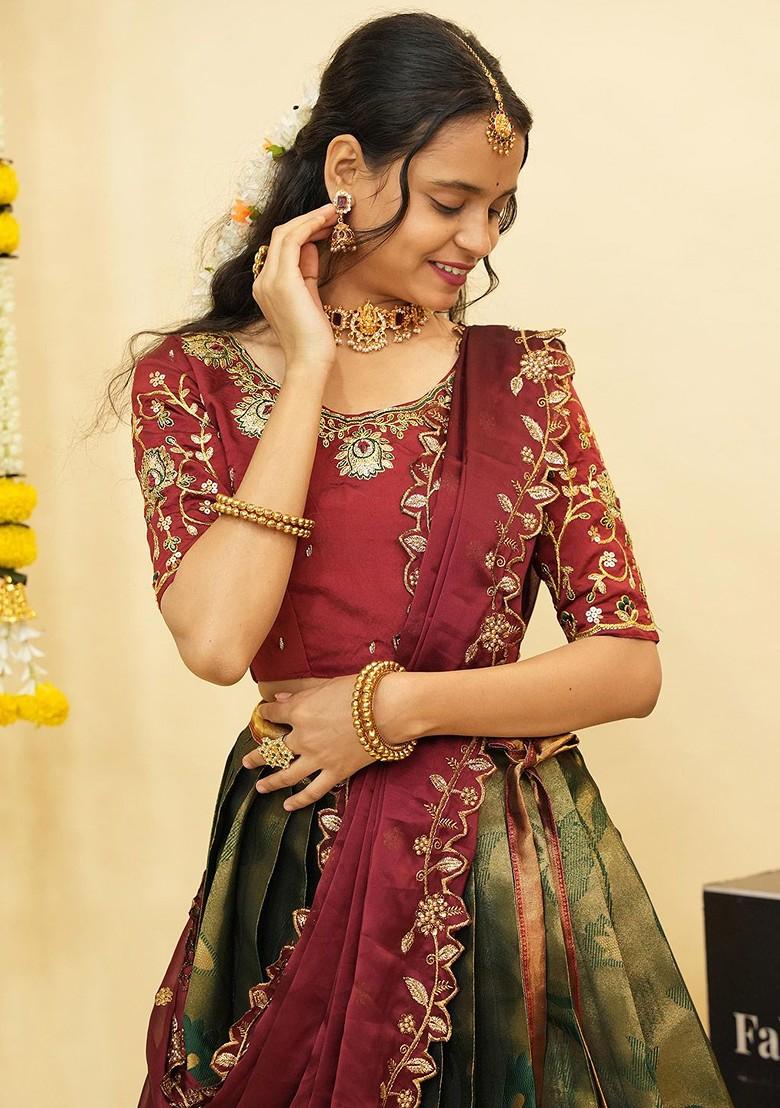 Green Embellished Blended Lehenga Choli - Indya