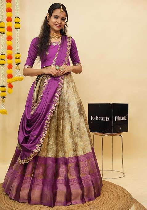 Purple Emboridered Blended Lehenga Choli