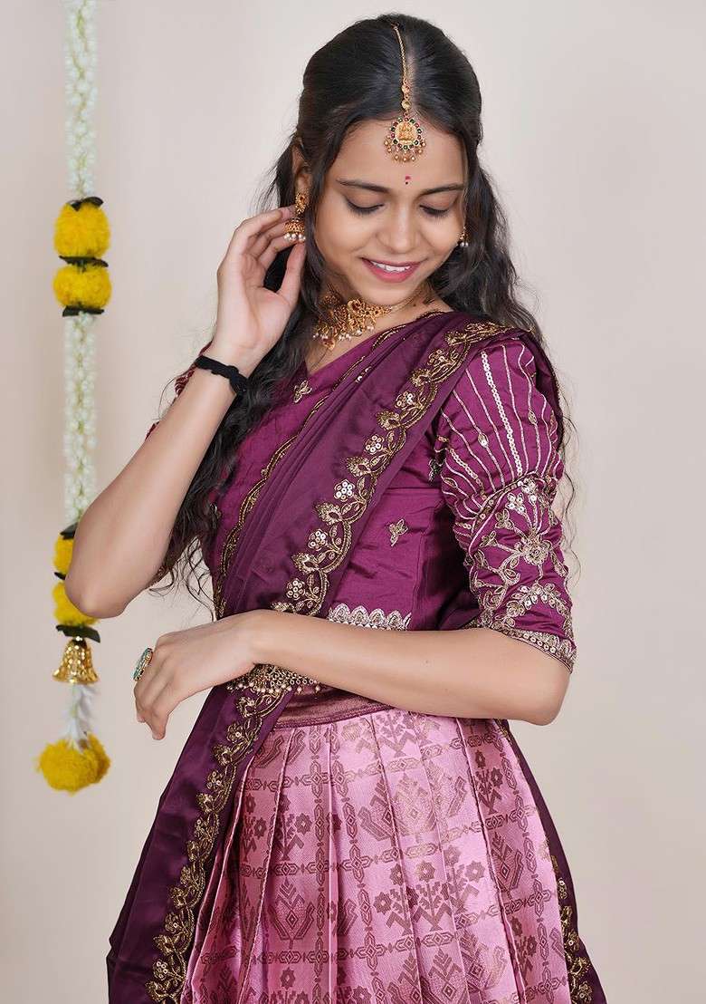 Pink Woven Design Blended Lehenga Choli - Indya