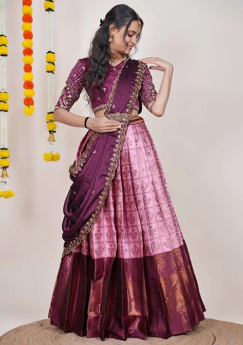 Pink Woven Design Blended Lehenga Choli - Indya