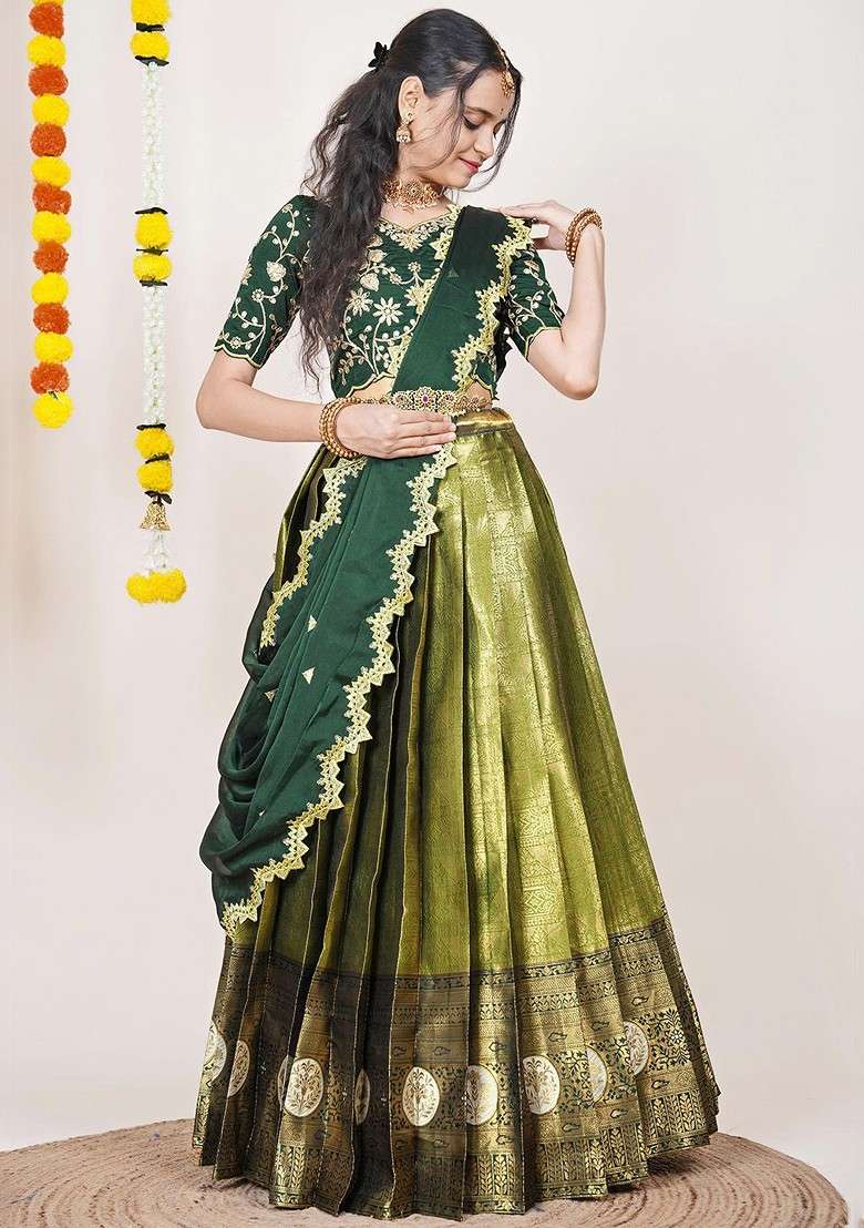 Green Woven Design Blended Lehenga Choli - Indya