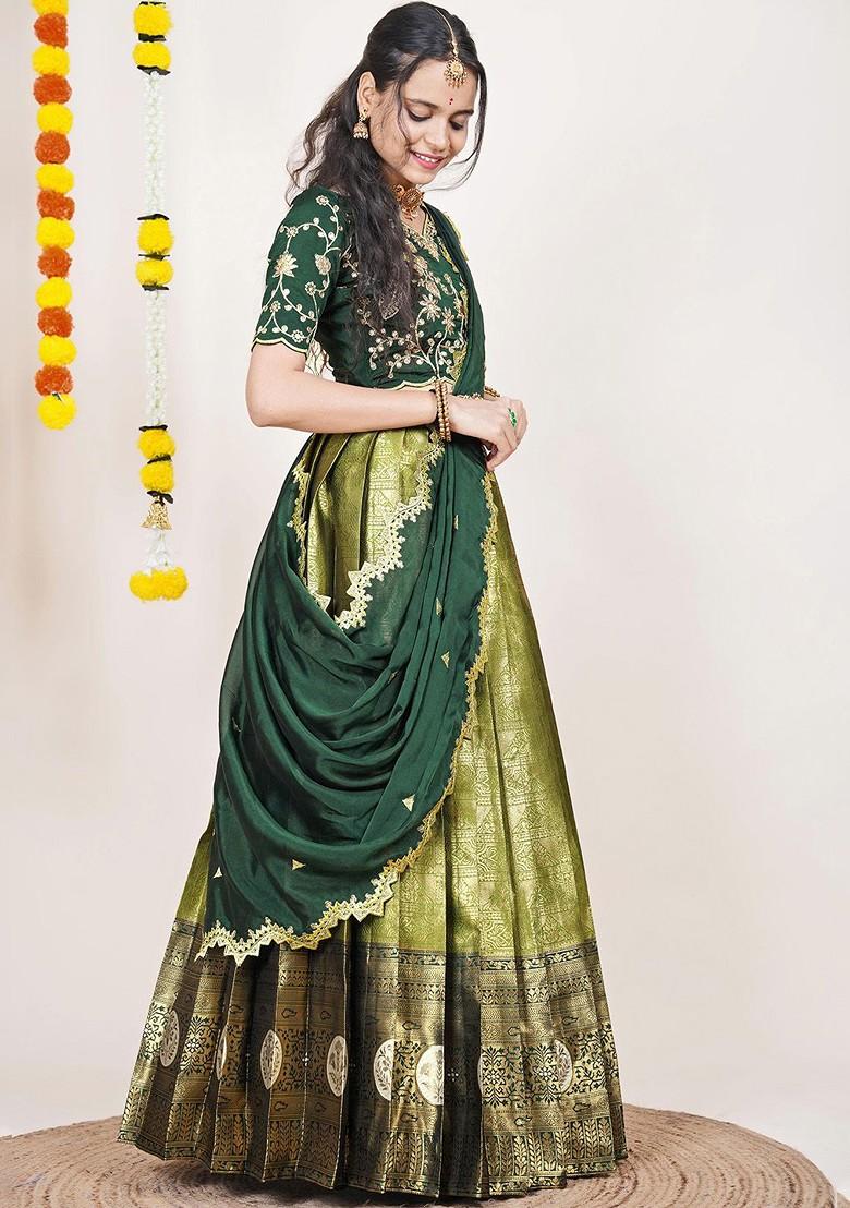 Green Woven Design Blended Lehenga Choli - Indya