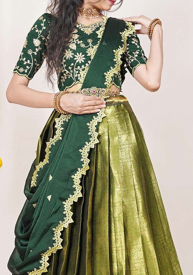 Green Woven Design Blended Lehenga Choli - Indya