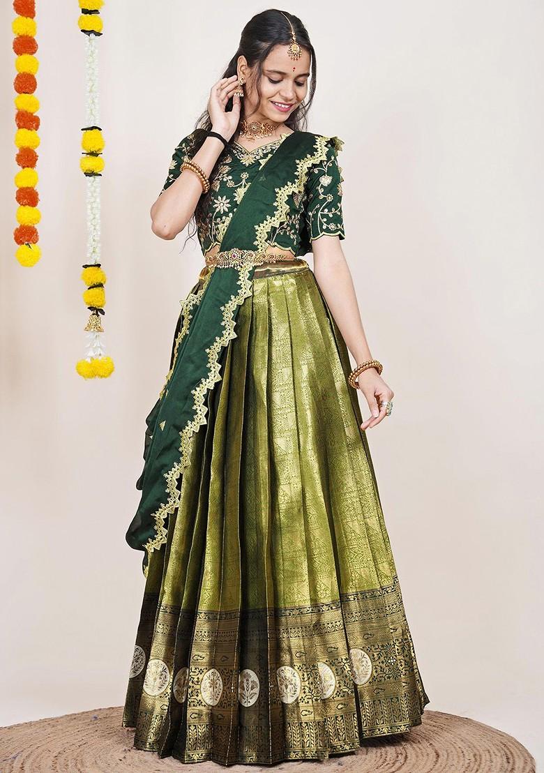 Green Woven Design Blended Lehenga Choli - Indya
