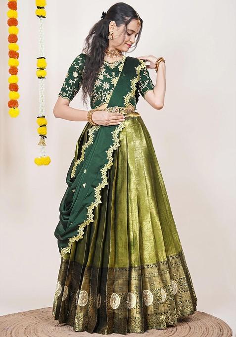 Green Woven Design Blended Lehenga Choli