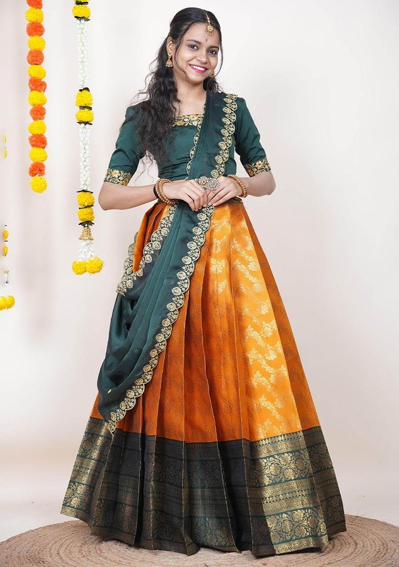 Orange Woven Design Blended Lehenga Choli - Indya