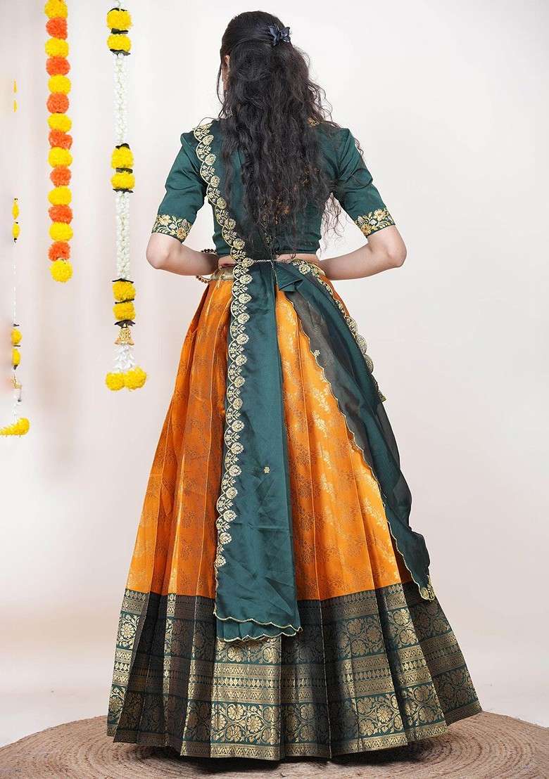 Orange Woven Design Blended Lehenga Choli - Indya