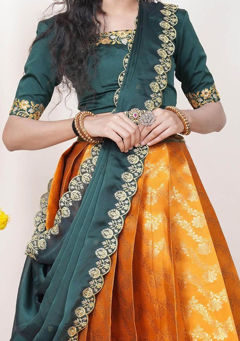 Orange Woven Design Blended Lehenga Choli - Indya