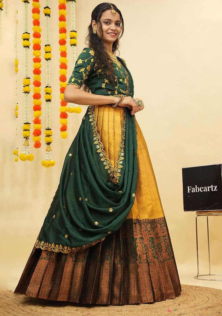 Yellow Zari Work Blended Lehenga Choli - Indya