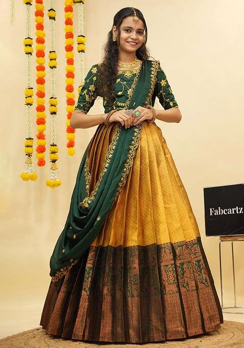 Yellow Zari Work Blended Lehenga Choli