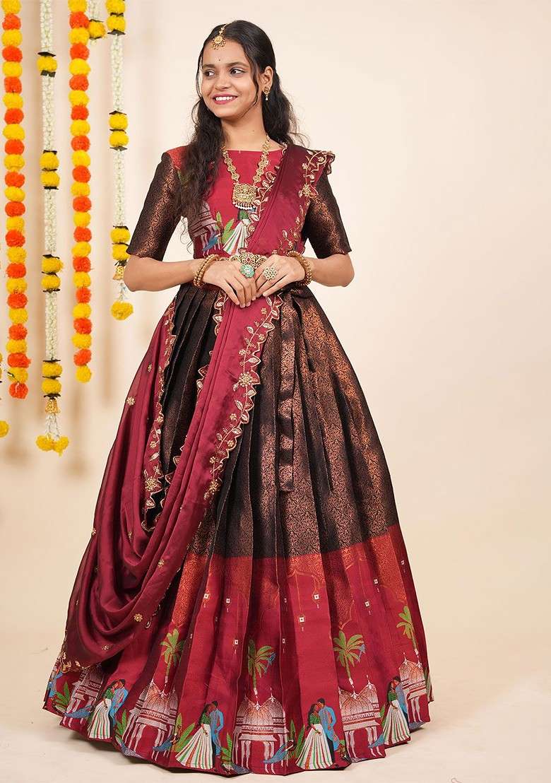 Black Woven Design Blended Lehenga Choli - Indya