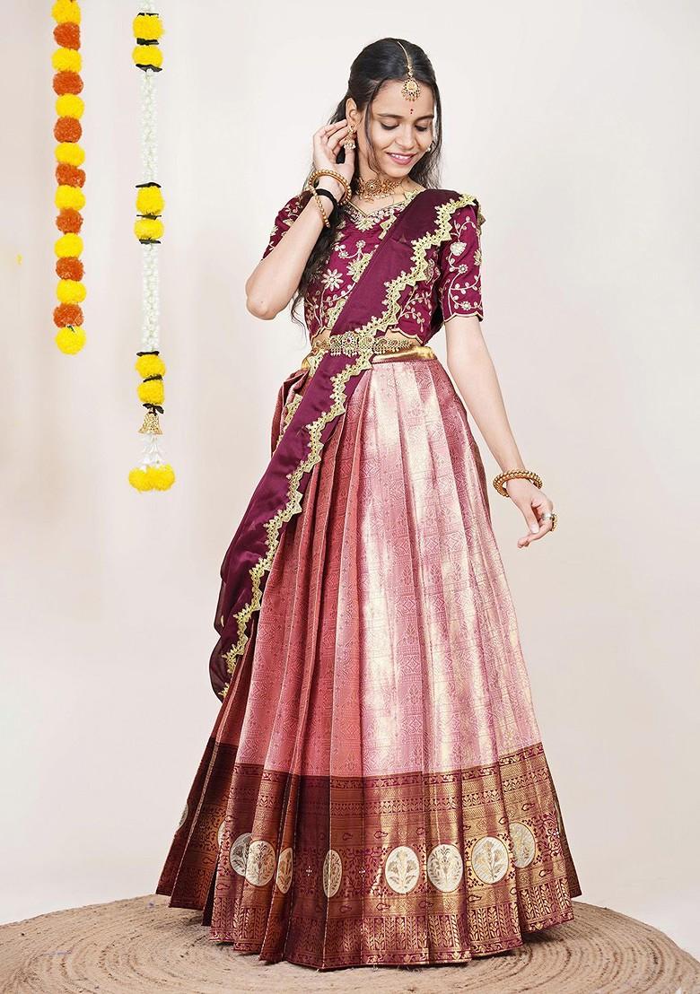 Pink Woven Design Blended Lehenga Choli - Indya