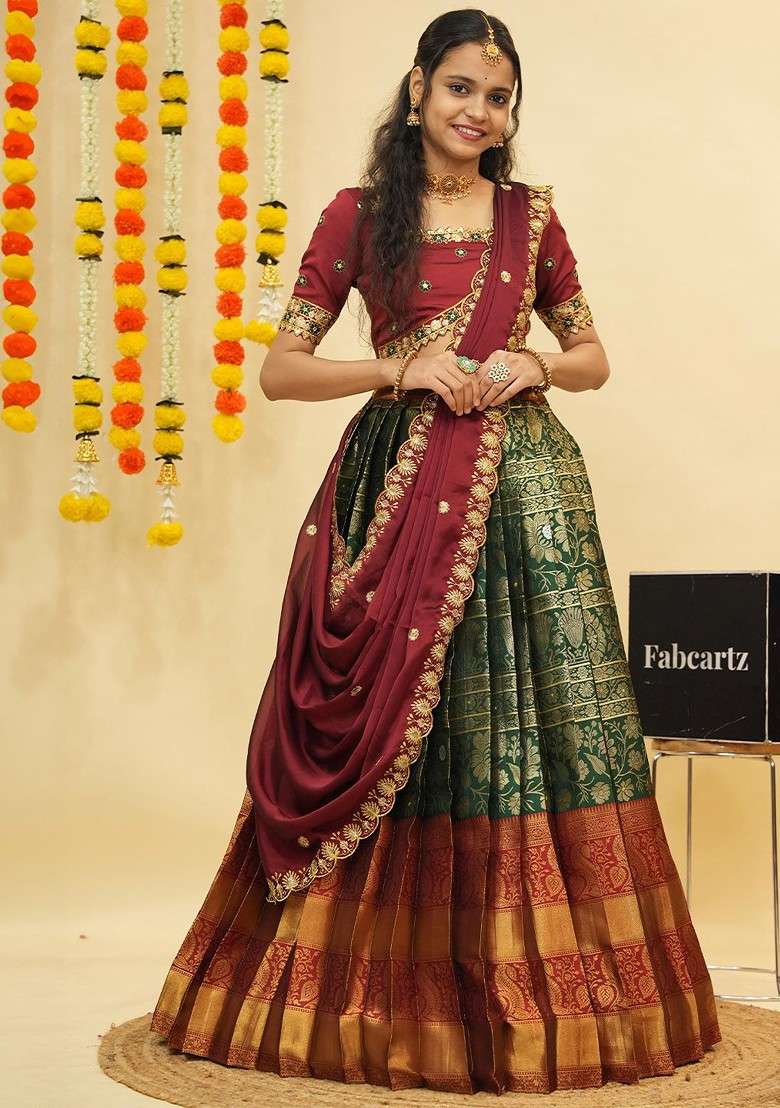 Green Emboridered Blended Lehenga Choli - Indya