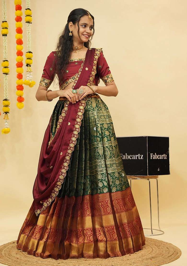 Green Emboridered Blended Lehenga Choli - Indya