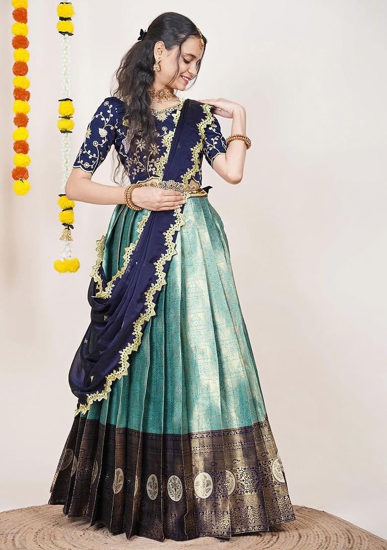 Sea Green Woven Design Blended Lehenga Choli - Indya