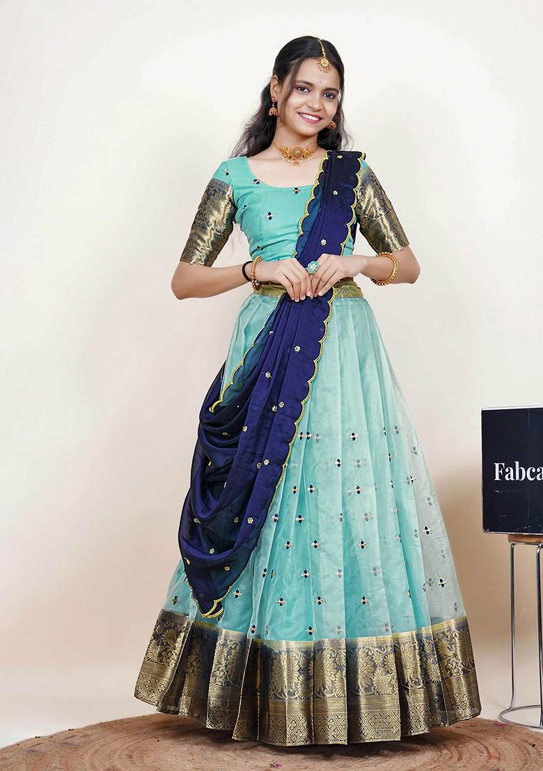 Sea Green Woven Design Blended Lehenga Choli - Indya