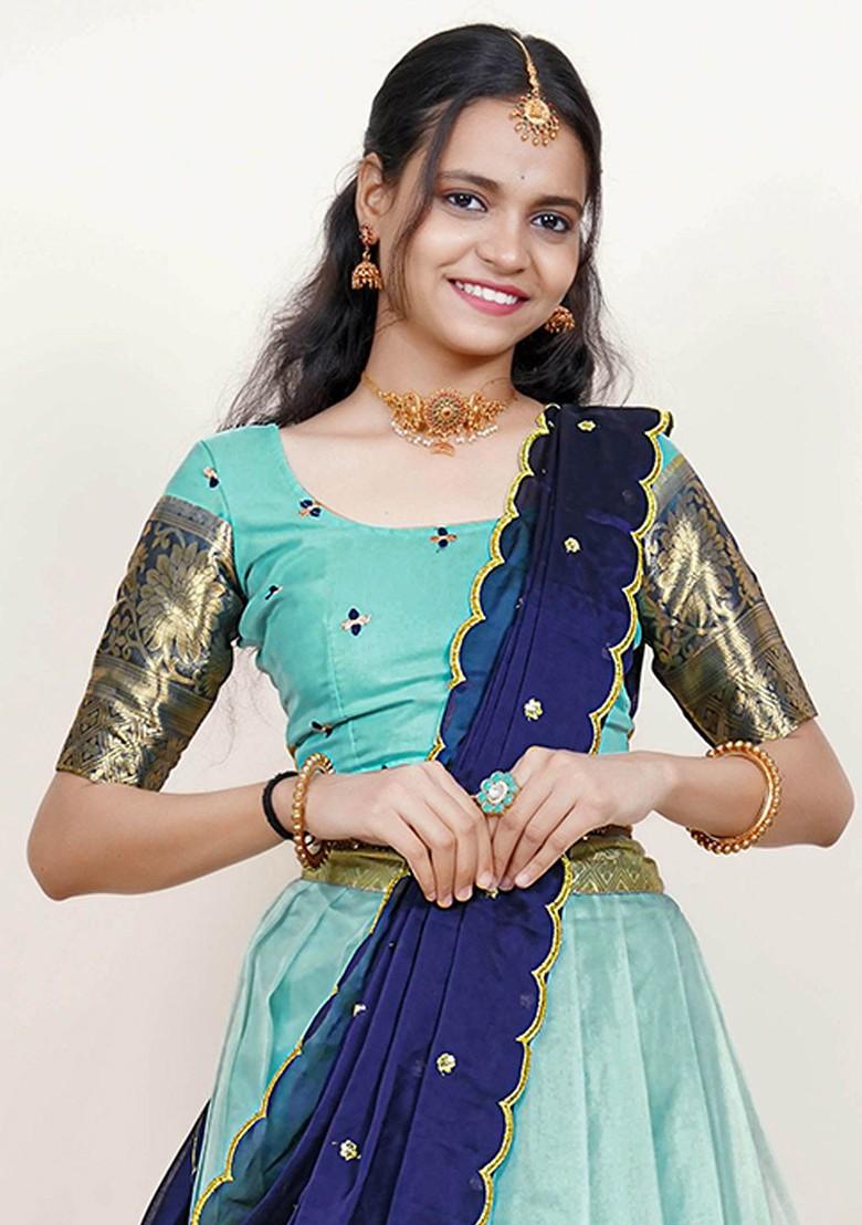 Sea Green Woven Design Blended Lehenga Choli - Indya