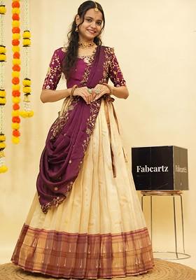 Cream Embellished Blended Lehenga Choli