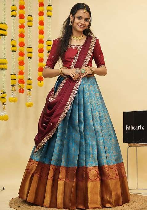 Blue Emboridered Blended Lehenga Choli