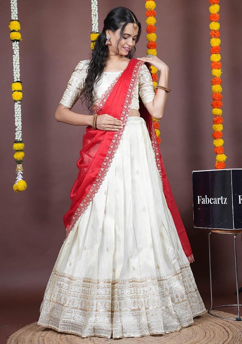 Red Emboridered Blended Lehenga Choli - Indya